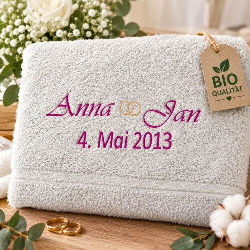Personalisierter Bio-Hochzeitshandtuch mit Ringen