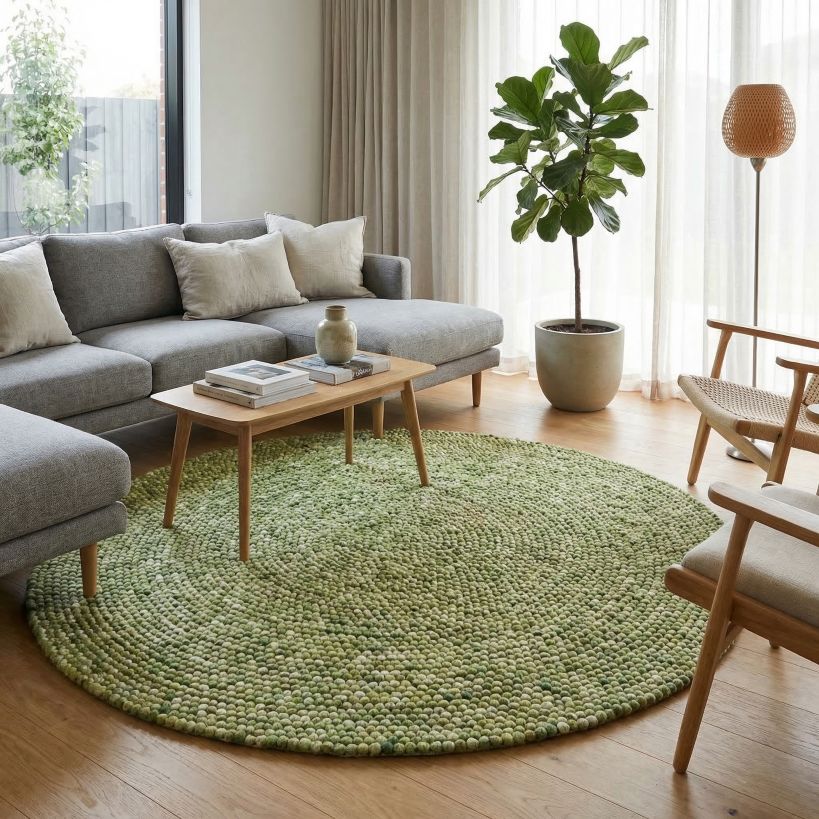 runder Schafwollteppich grün